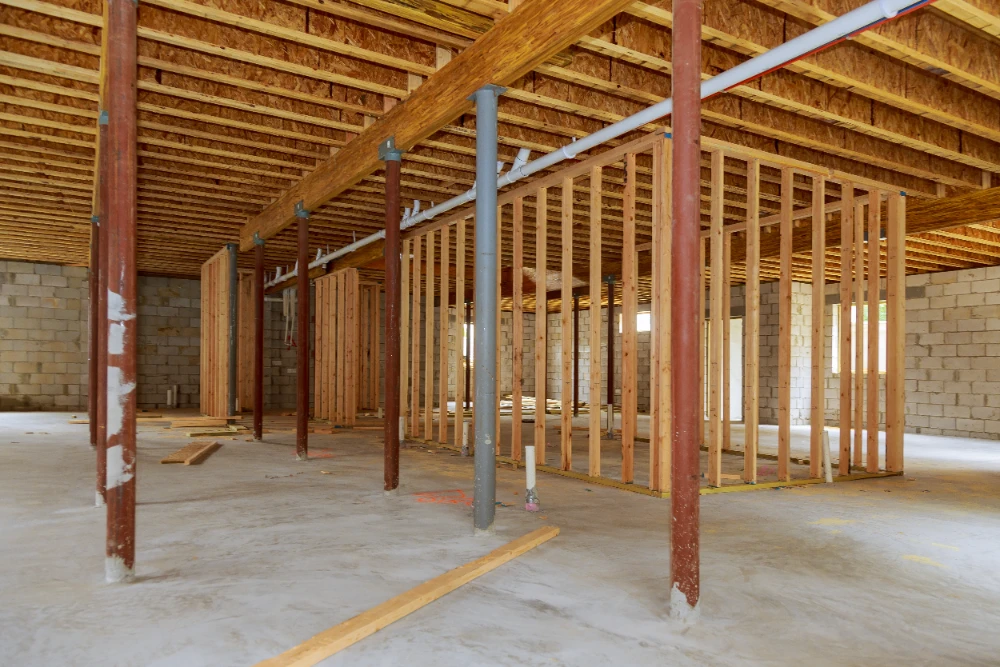 Interior of a building under construction showing wood framing, concrete block walls, and exposed ceiling joists