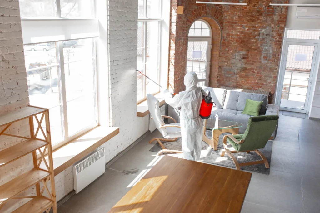 Pest control technician in white protective suit spraying interior of modern loft space