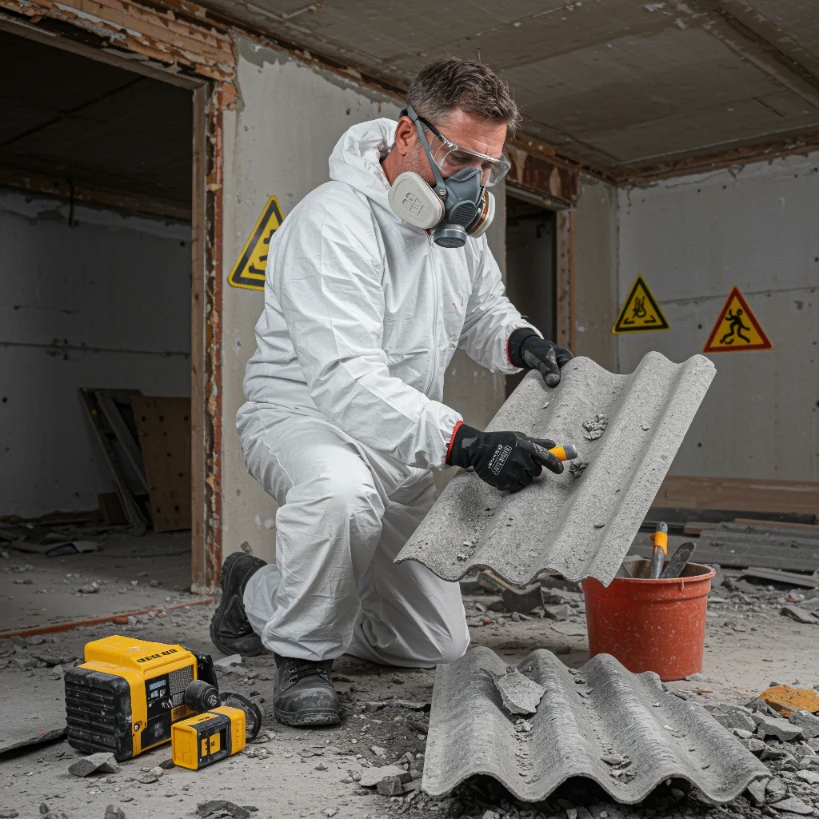 Worker in white hazmat suit and respirator handling asbestos roofing sheets in demolition site