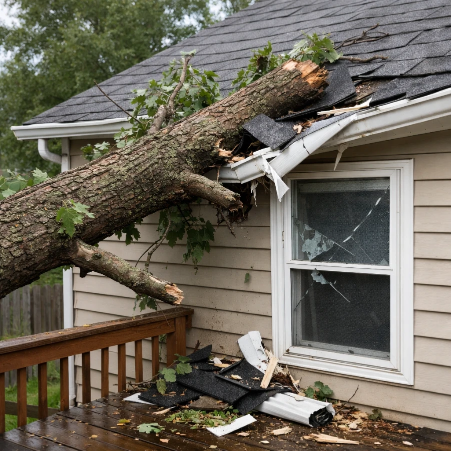 Fallen tree crushing house roof and breaking window after storm damage