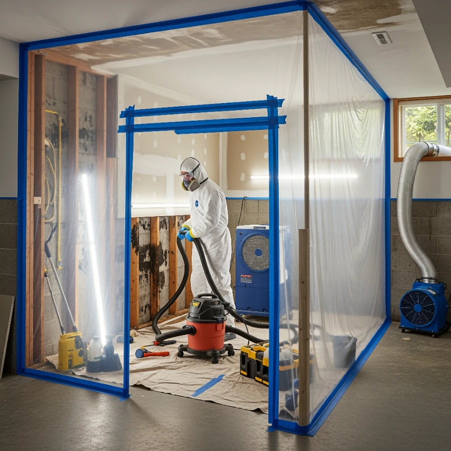 Mold remediation worker in protective suit vacuuming inside a plastic containment barrier