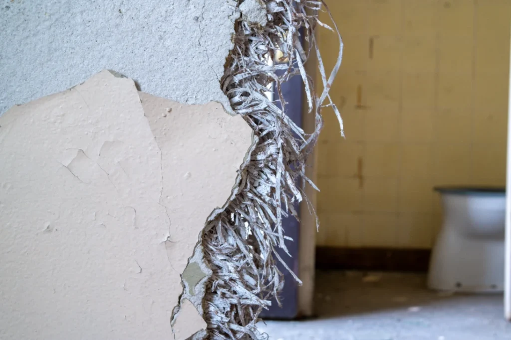 Severely damaged drywall edge with exposed fraying fibers and peeling paint in abandoned room